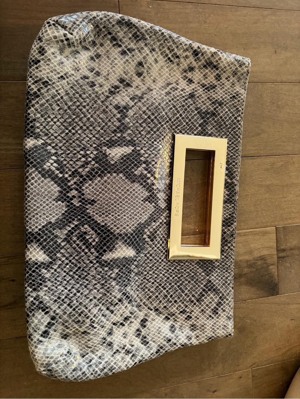 Michael Kors Black and White Snake-Print Clutch with Gold Handle